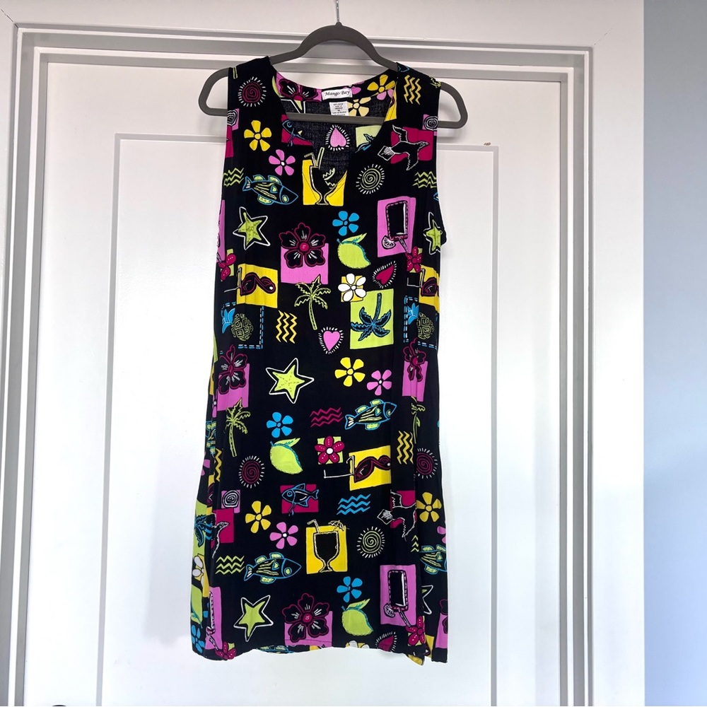 Mango Bay Fun Black Tropical Print Beaded Sleeveless Long Swim Cover Up Sz XL